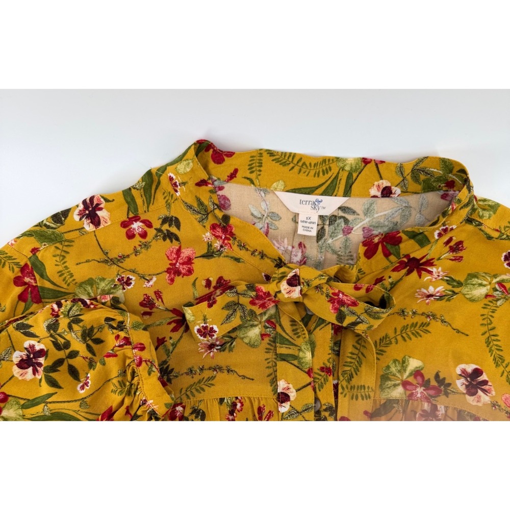 Terra Sky 1X Mustard Yellow Floral Tie‎ Neck Long Sleeve Blouse Women Plus Size